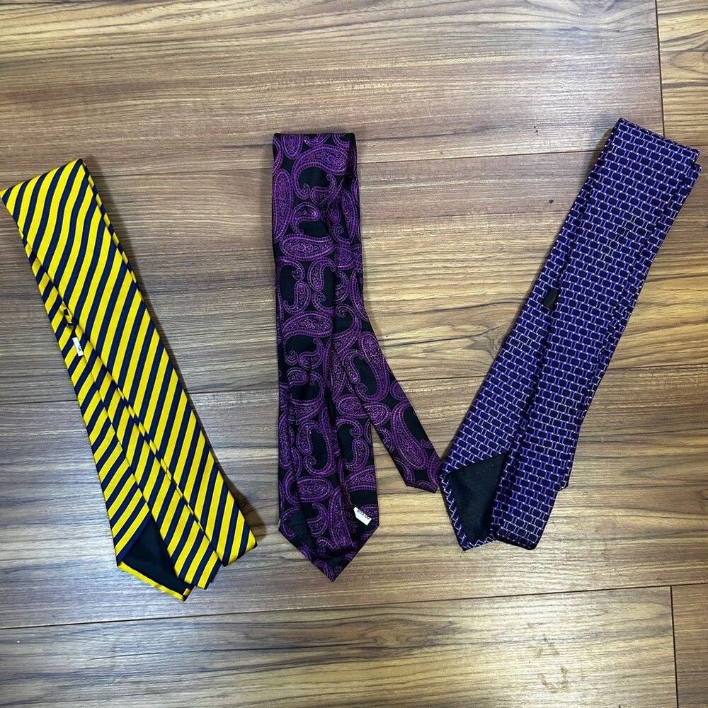 Mens Silk Tie Lot of 3 Zianetti Adolfo St Patrick Purple Yellow Paisley Striped - Picture 3 of 7